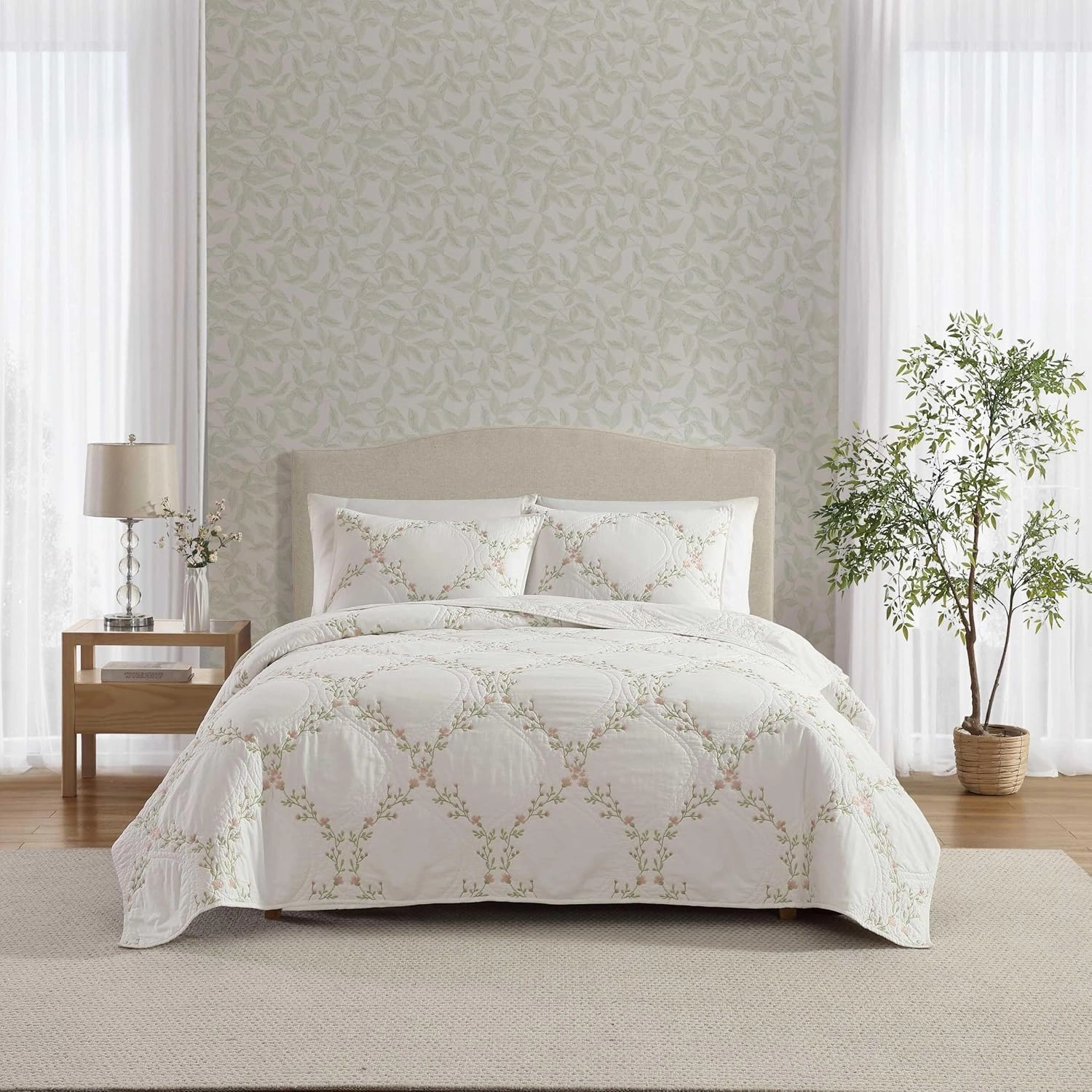 Laura Ashley - Full/Queen Quilt Set, Super Soft & Breathable Embroidered Bedding with Matching Sham(s), Floral Home Decor (Floral Embroidery Pink, Full/Queen)