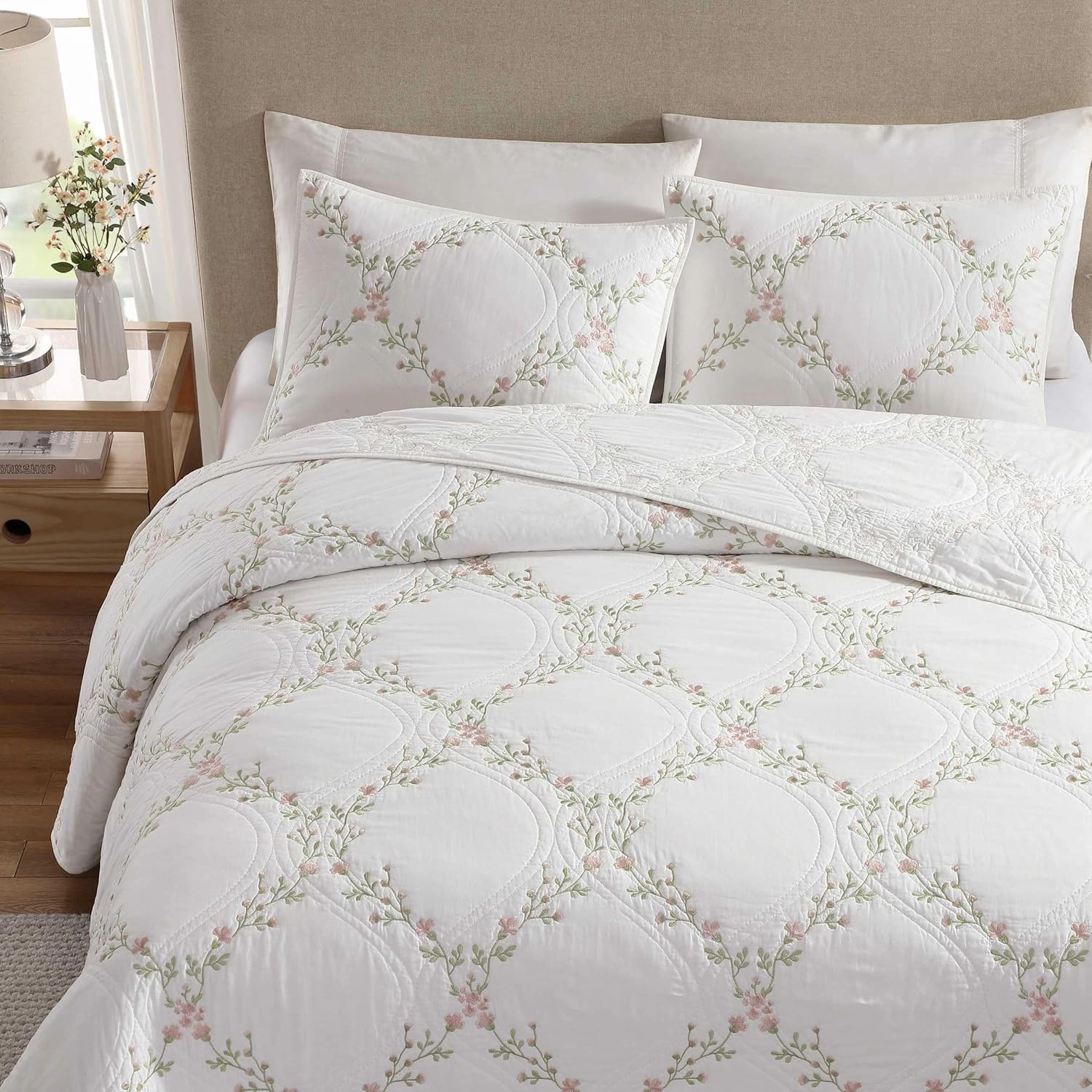 Laura Ashley - Full/Queen Quilt Set, Super Soft & Breathable Embroidered Bedding with Matching Sham(s), Floral Home Decor (Floral Embroidery Pink, Full/Queen)