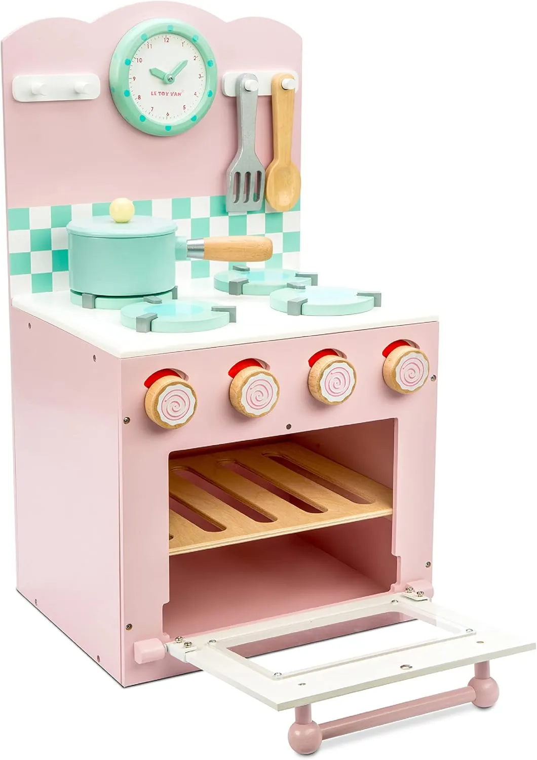 Le Toy Van - Colorful Wooden Honeybake Oven & Hob Pink Set | Wood Pretend Play Kitchen Toy Set | Girls and Boys Role Play Toy Kitchen Accessories