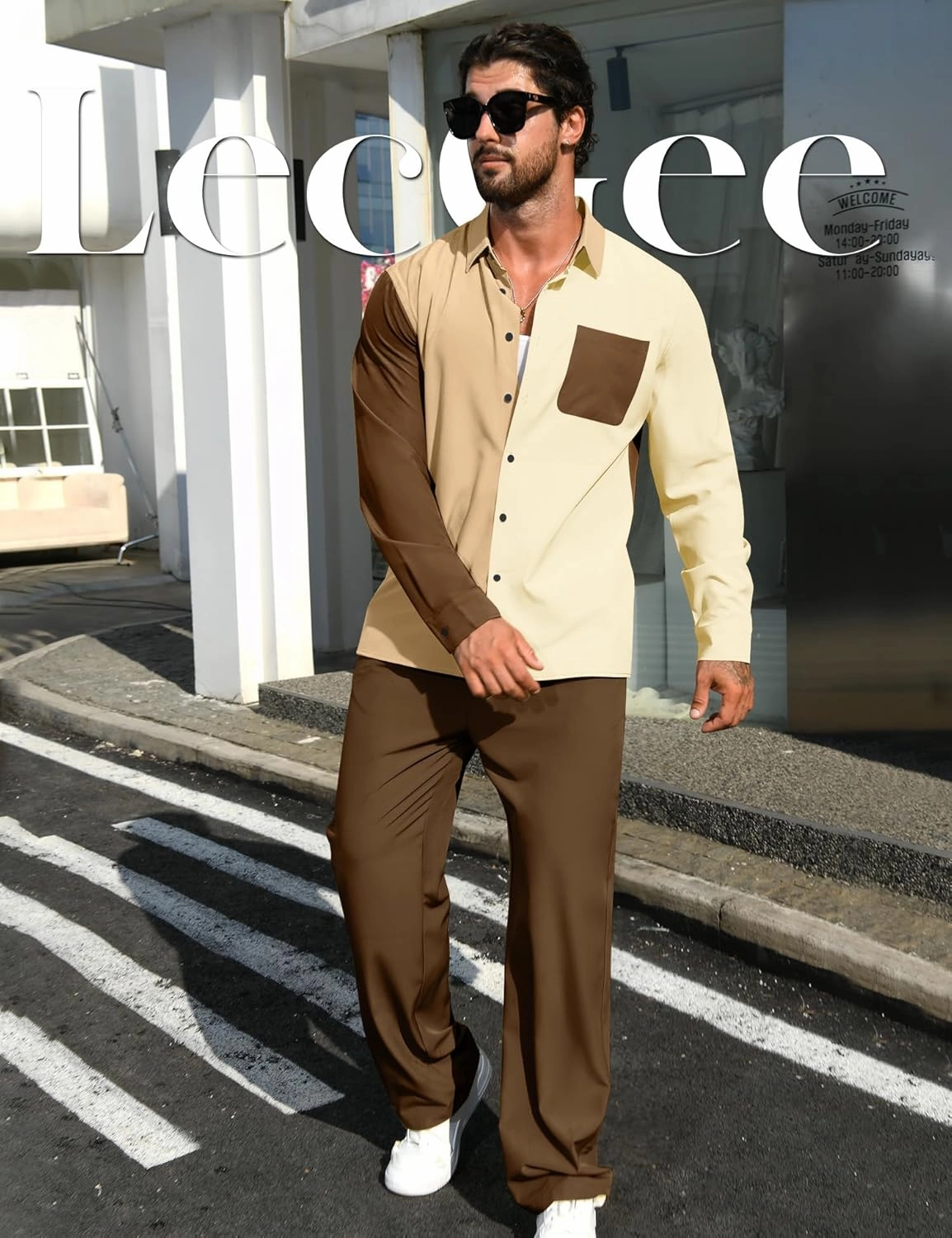 LecGee Mens 2 Piece Color Block Outfits Casual Long Sleeve Button Down Color Block Shirts and Pants Matching Set Sweatsuit