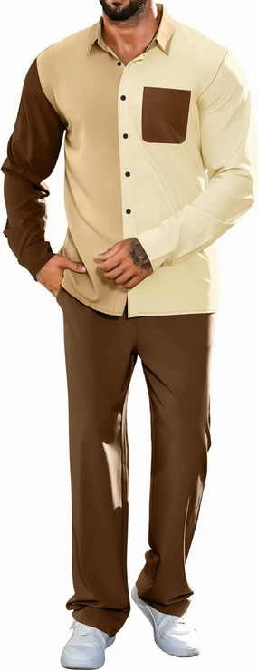 LecGee Mens 2 Piece Color Block Outfits Casual Long Sleeve Button Down Color Block Shirts and Pants Matching Set Sweatsuit