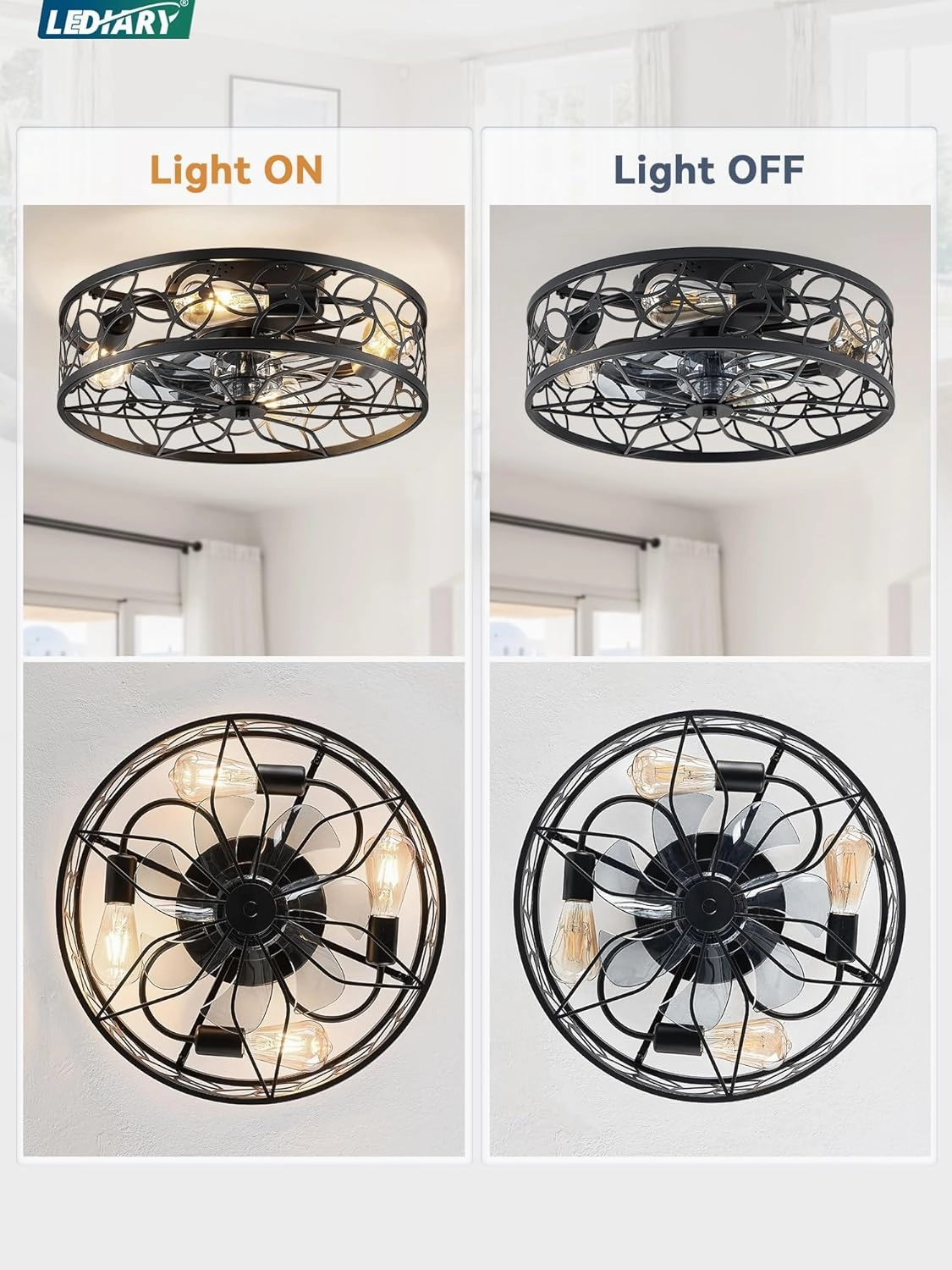 LEDIARY Caged Ceiling Fans with Lights, Black Flush Mount Ceiling Fan with Remote, Small Low Profile Bladeless Ceiling Fan Light Fixture for Bedroom, Kitchen, Dining Room.