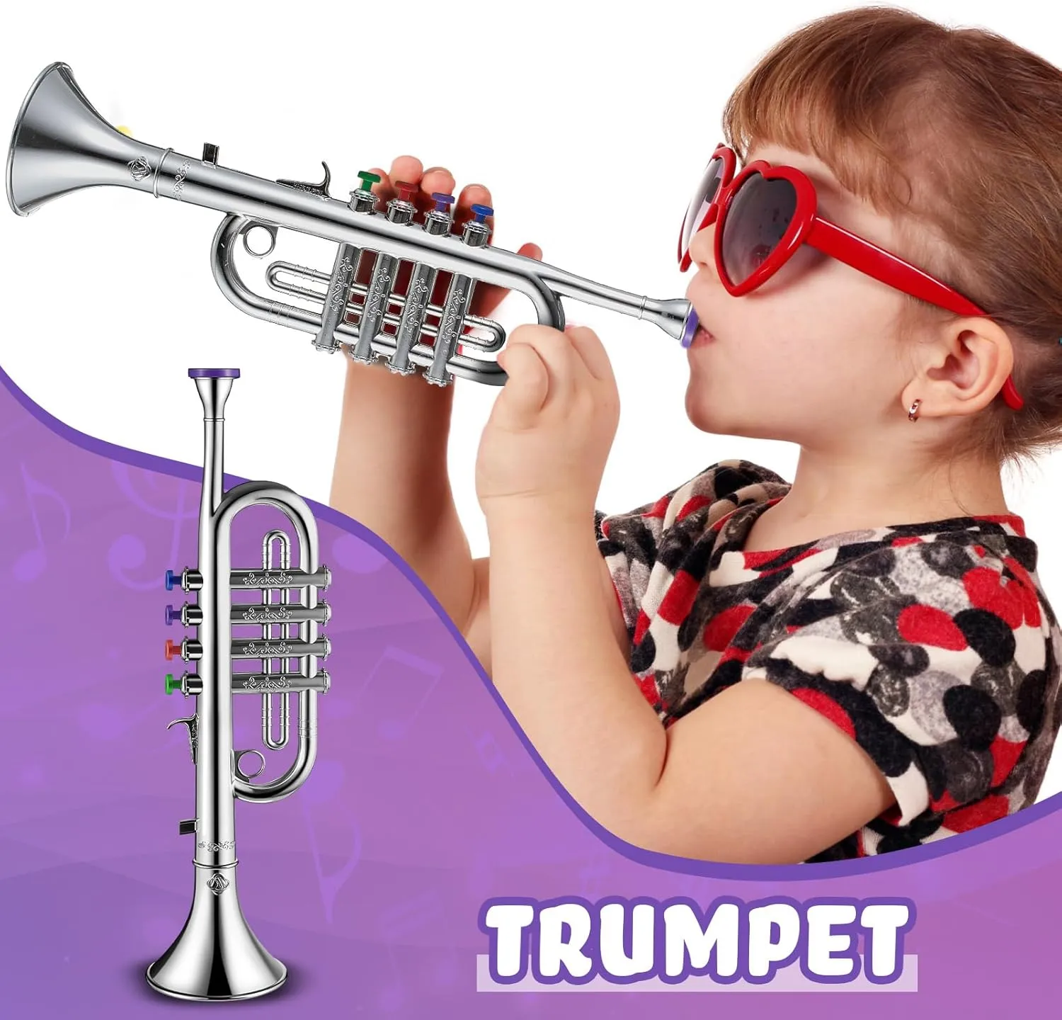 Lewtemi Silver Trumpet Musical Instruments Toy for Kid Toddler Fake Plastic Preschool Music Toy Gift Portable Wind Instrument Early Educational Teaching Songs Toy Gifts for Toddlers Children