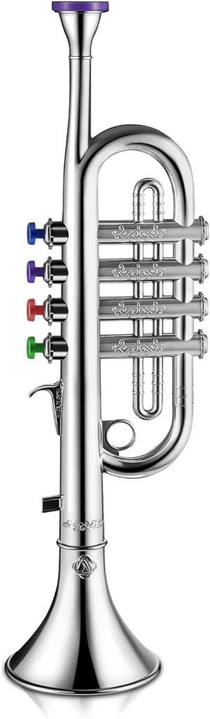 Lewtemi Silver Trumpet Musical Instruments Toy for Kid Toddler Fake Plastic Preschool Music Toy Gift Portable Wind Instrument Early Educational Teaching Songs Toy Gifts for Toddlers Children