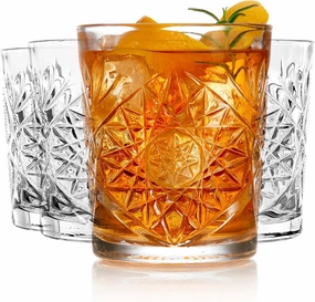 Libbey Hobstar Double Old Fashioned Glasses, Clear Cut Glass Drinking Glasses Set of 4, Durable, Vintage Whiskey Glasses for Cocktail, Drinks and More