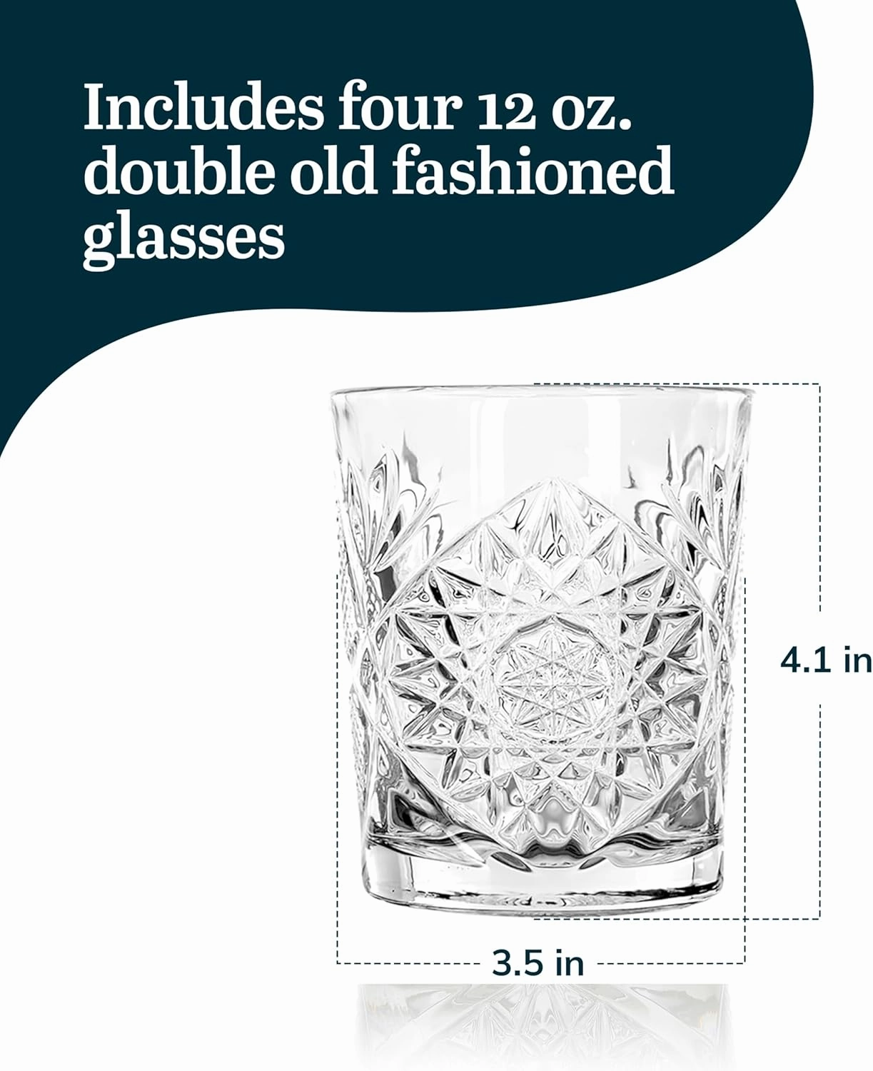 Libbey Hobstar Double Old Fashioned Glasses, Clear Cut Glass Drinking Glasses Set of 4, Durable, Vintage Whiskey Glasses for Cocktail, Drinks and More