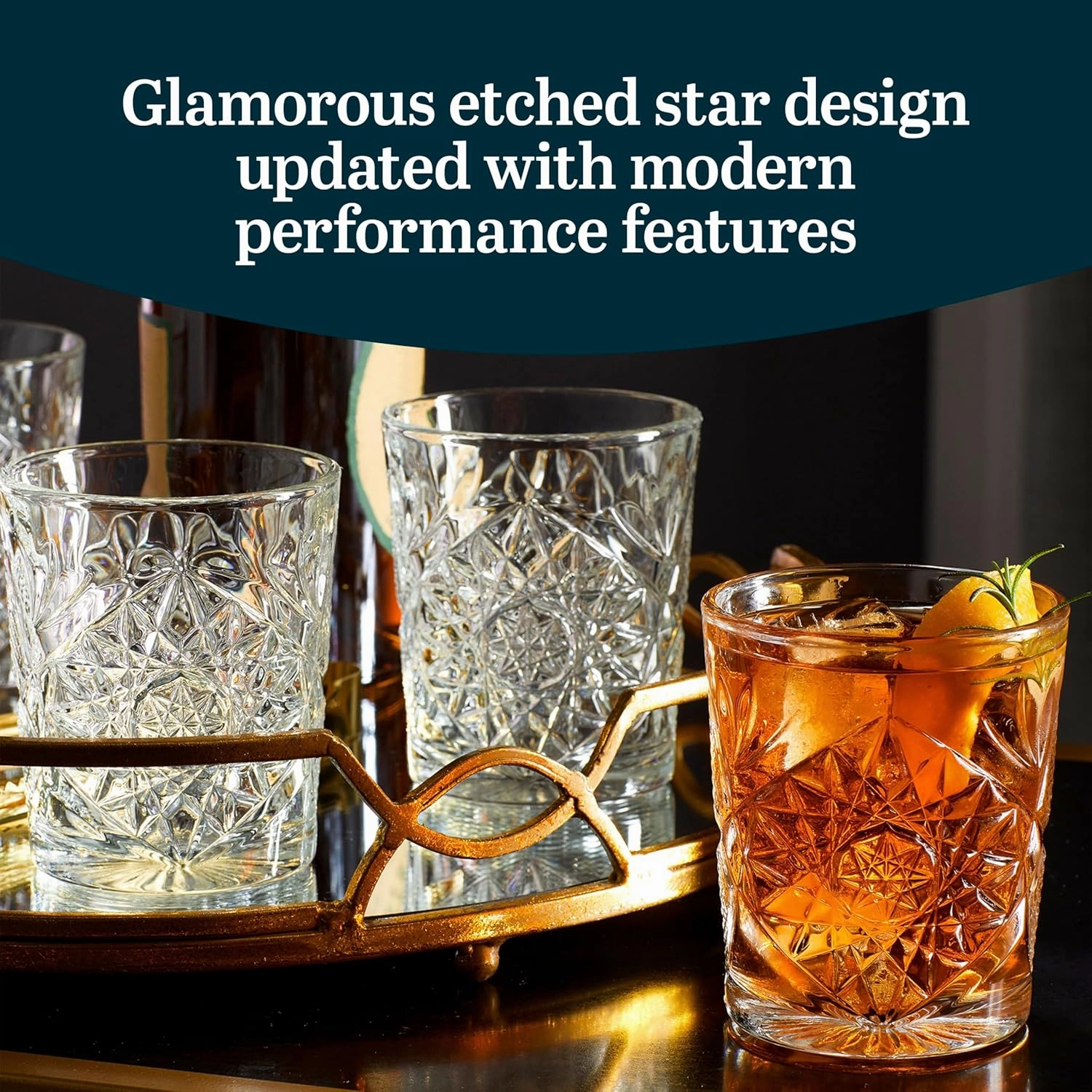 Libbey Hobstar Double Old Fashioned Glasses, Clear Cut Glass Drinking Glasses Set of 4, Durable, Vintage Whiskey Glasses for Cocktail, Drinks and More
