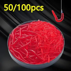 Lifelike Red Worm Soft Lure Bait - 35mm Fishing Silicone with Shrimp Scent, Available in 50/100 Pack for Bass and Carp