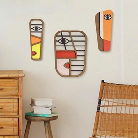 LIFVEAN Abstract Wood Picasso Wall Art Decor - Modern Minimalism Mask Home Wall Decor - Vintage Pop Wall Art for Bedroom Bathroom Living Room (3 Piece)