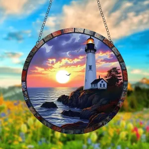 Lighthouse Acrylic Window Hanging, Sunrise Over The Sea Stained Acrylic Window Decor Hanging Ornaments Indoor Outdoor Garden Stained Art Panel Gift for Women Christmas Thanksgiving