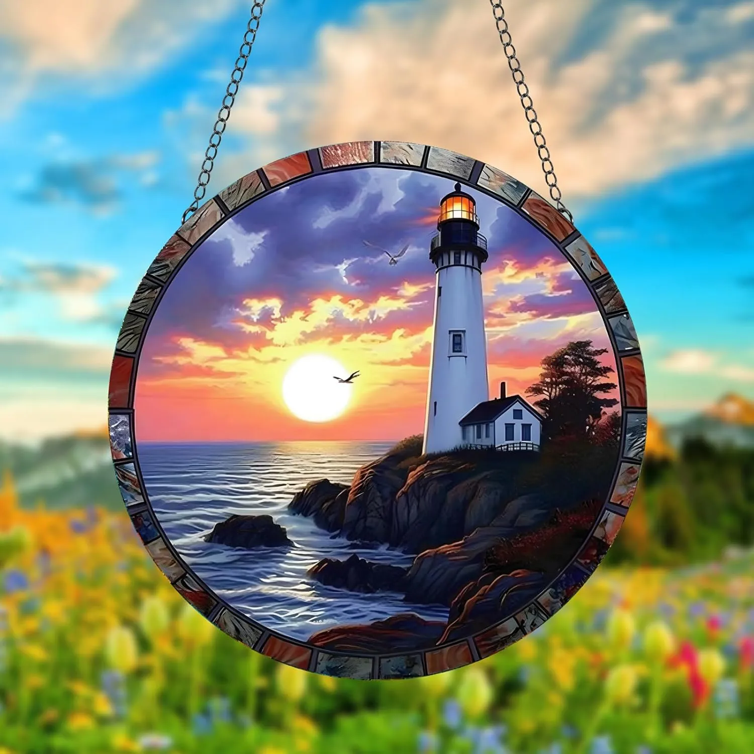 Lighthouse Acrylic Window Hanging, Sunrise Over The Sea Stained Acrylic Window Decor Hanging Ornaments Indoor Outdoor Garden Stained Art Panel Gift for Women Christmas Thanksgiving