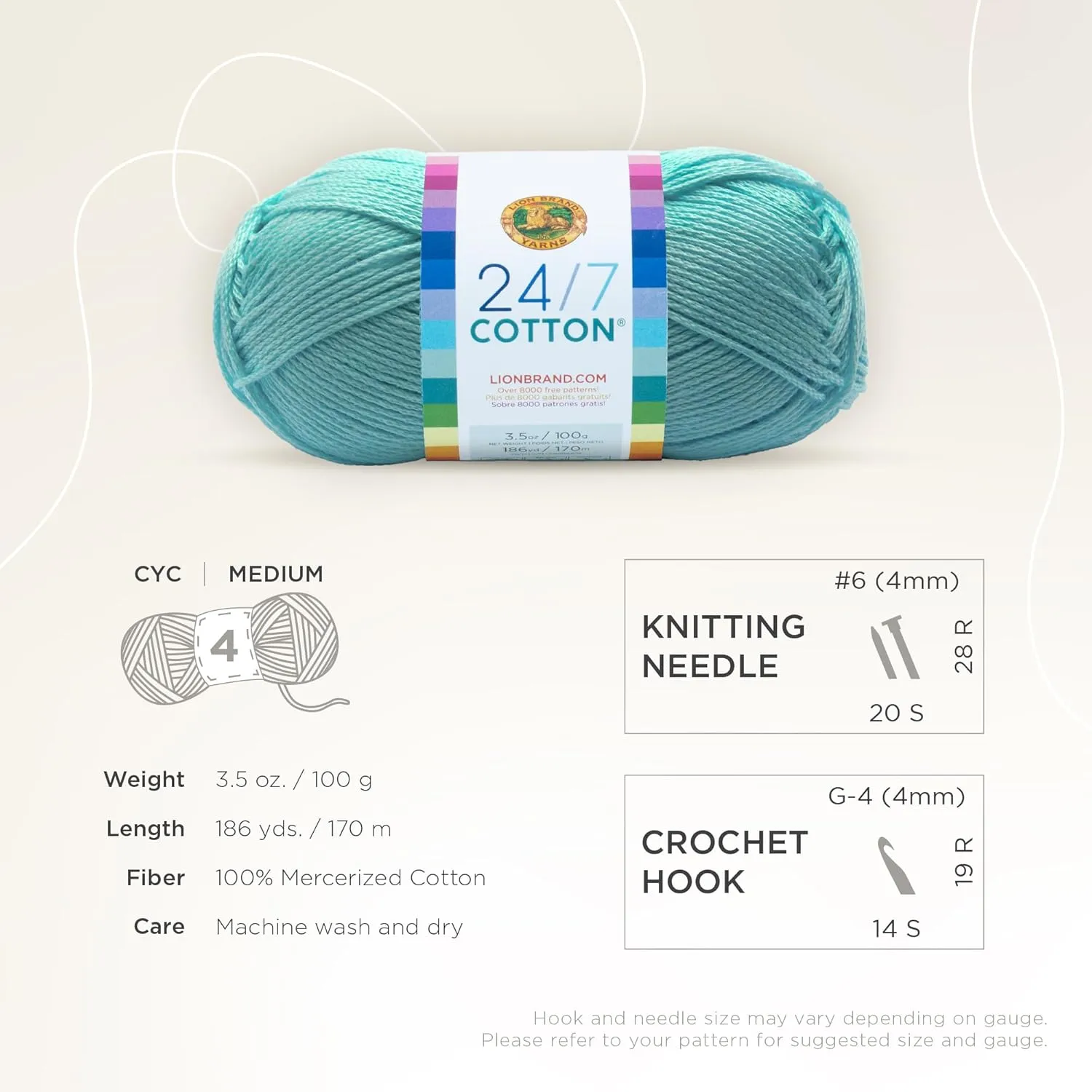 Lion Brand 24/7 Cotton Yarn, Lightweight Yarn for Knitting, Crocheting, and Crafts, Aqua, 3 Pack