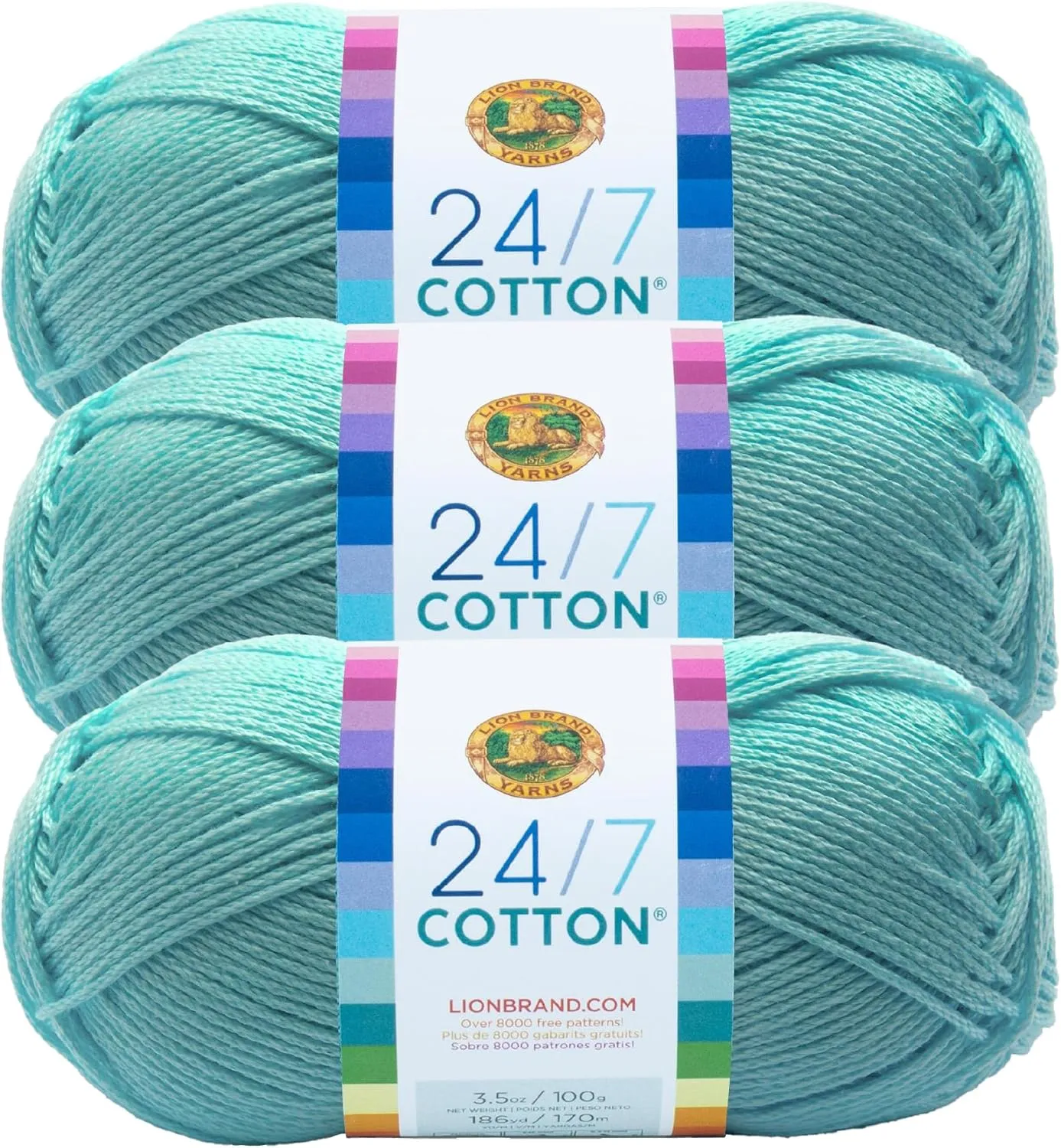 Lion Brand 24/7 Cotton Yarn, Lightweight Yarn for Knitting, Crocheting, and Crafts, Aqua, 3 Pack