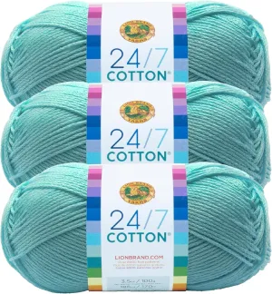 Lion Brand 24/7 Cotton Yarn, Lightweight Yarn for Knitting, Crocheting, and Crafts, Aqua, 3 Pack