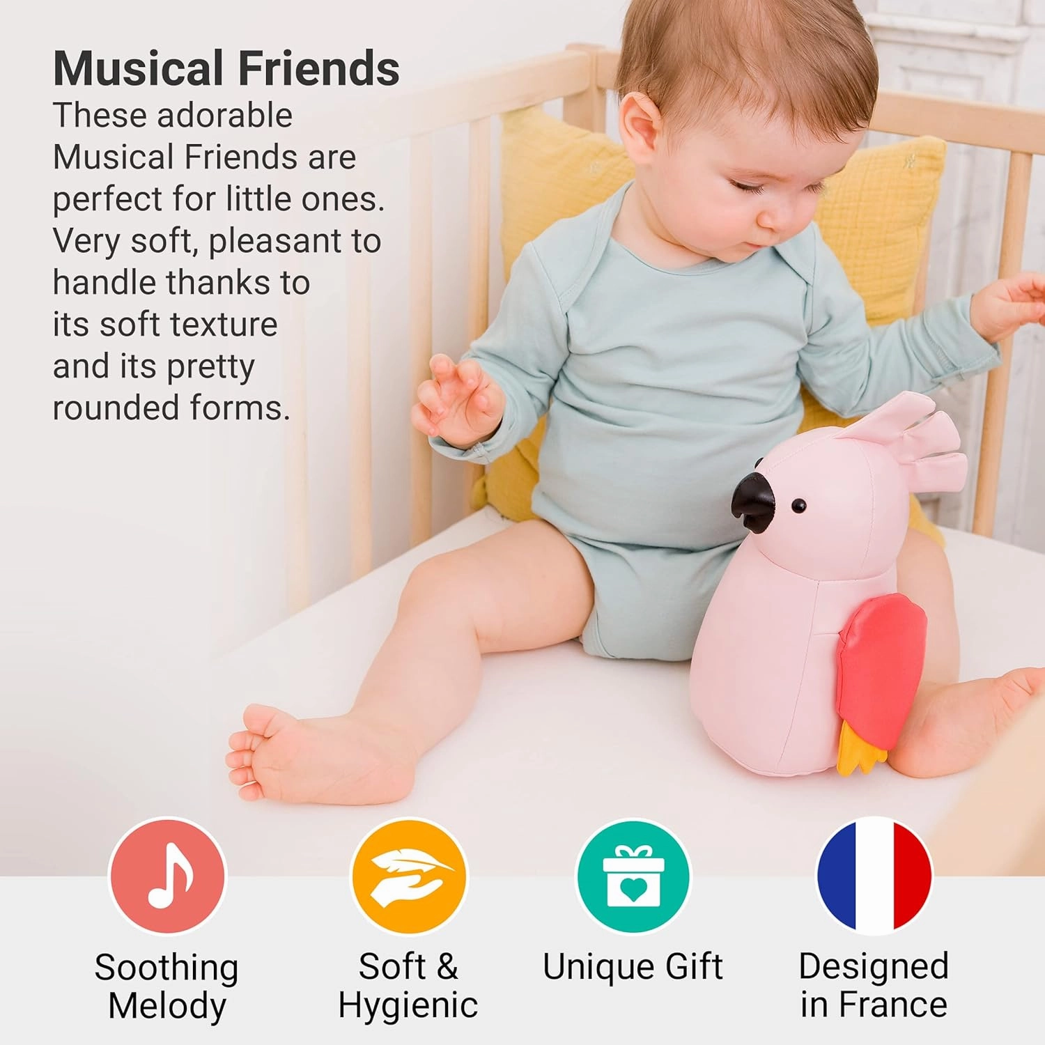 Little Big Friends Musical Friends | Pull String Cord Musical Toy for Baby | Special Stuffed Animal | Easy to Clean | Paris The Parakeet