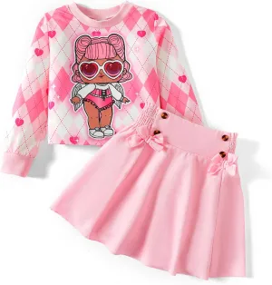 L.O.L. Surprise! Girl Skirt Set Long Sleeve Letter Print Sweatshirt Plaid/Pink Smocked Skirt Set 2PCS Clothes Set Outfit