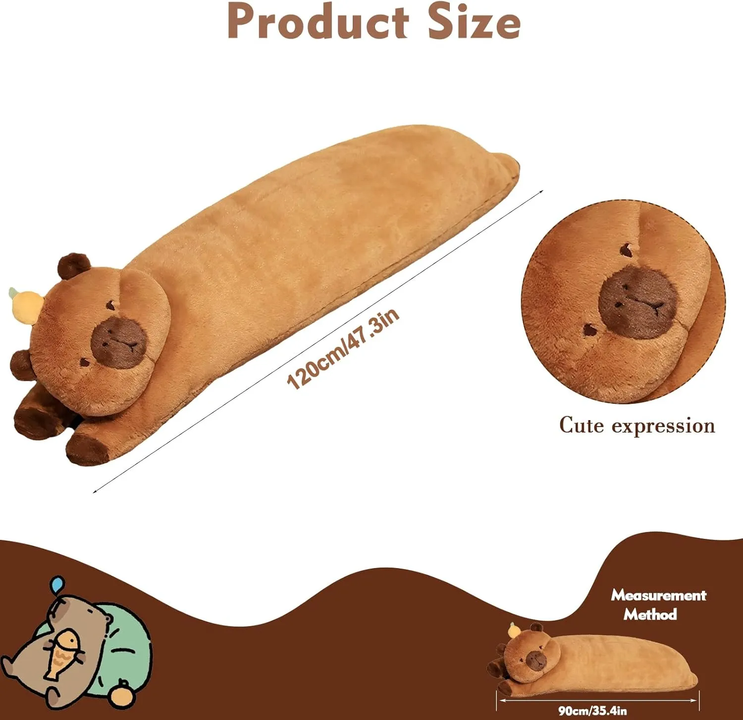 Long Capybara Plush Pillow, Cute Brown 47.3inches Capybara Stuffed Animals Plushie Sleeping Hugging Body Pillow, Kawaii Capybara Soft Doll Toy with Orange Birthday Gift for Kids Girlfriend