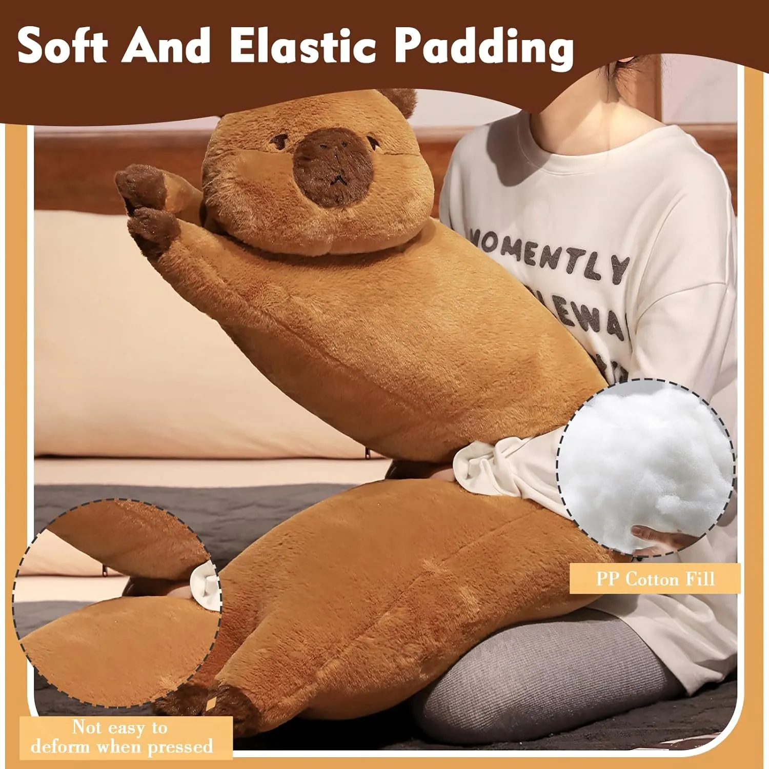 Long Capybara Plush Pillow, Cute Brown 47.3inches Capybara Stuffed Animals Plushie Sleeping Hugging Body Pillow, Kawaii Capybara Soft Doll Toy with Orange Birthday Gift for Kids Girlfriend