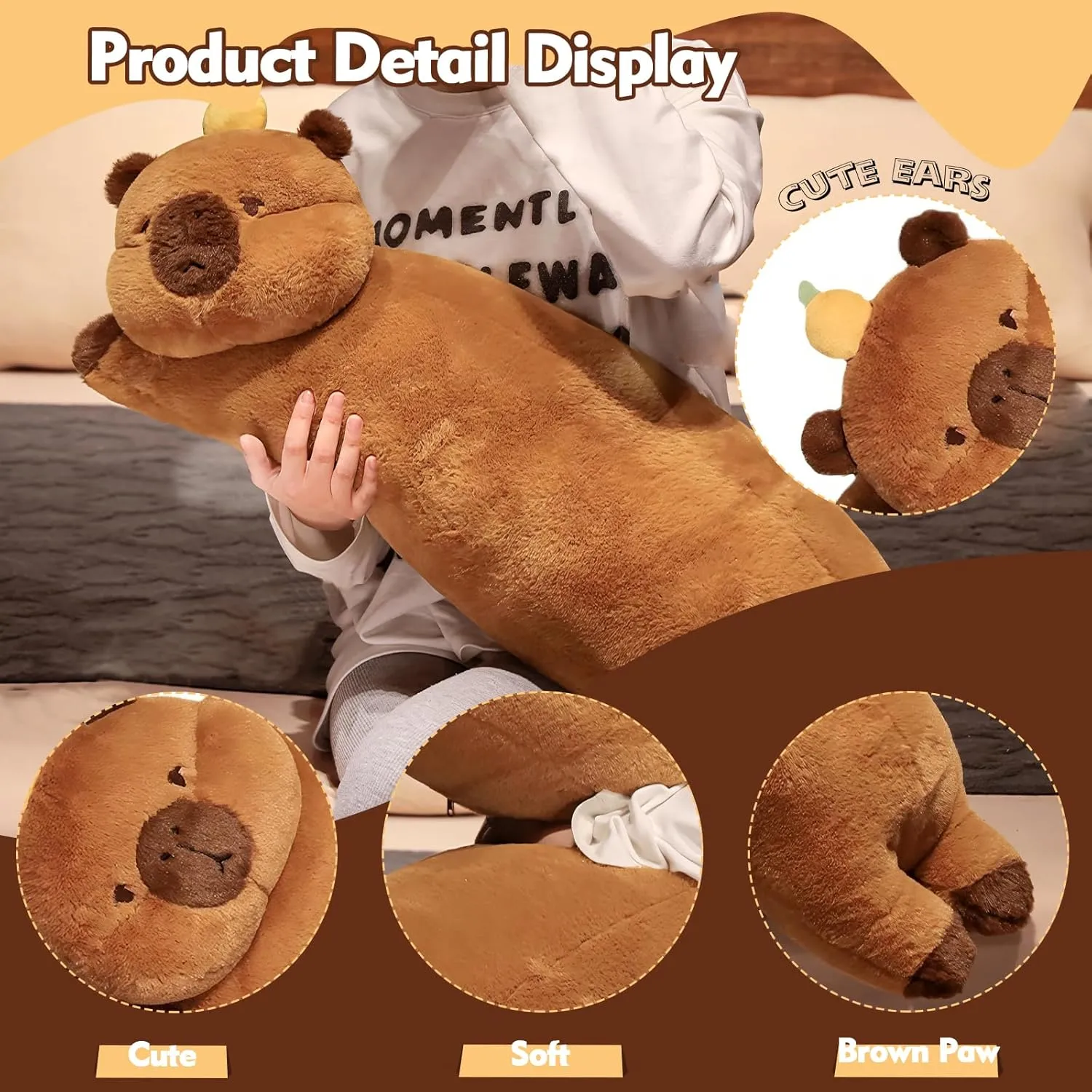 Long Capybara Plush Pillow, Cute Brown 47.3inches Capybara Stuffed Animals Plushie Sleeping Hugging Body Pillow, Kawaii Capybara Soft Doll Toy with Orange Birthday Gift for Kids Girlfriend