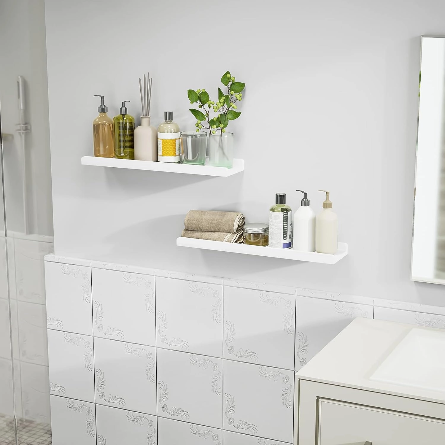 Love-KANKEI Floating Shelves Wall Mounted Set of 2, 24 Inch Wood Storage Wall Shelves for Bedroom Living Room Bathroom Kitchen Office and More White