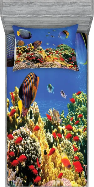 Lunarable Ocean Fitted Sheet & Pillow Sham Set, Submerged Colorful Coral Colony on Reef Exotic Fishes Tranquil Shallow Sea Picture, Decorative Printed 2 Piece Bedding Decor Set, Twin, Multicolor