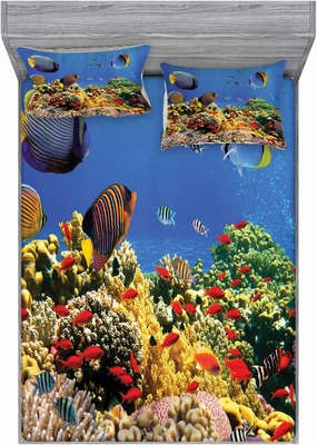Lunarable Ocean Fitted Sheet & Pillow Sham Set, Submerged Colorful Coral Colony on Reef Exotic Fishes Tranquil Shallow Sea Picture, Decorative Printed 3 Piece Bedding Decor Set, Queen, Multicolor