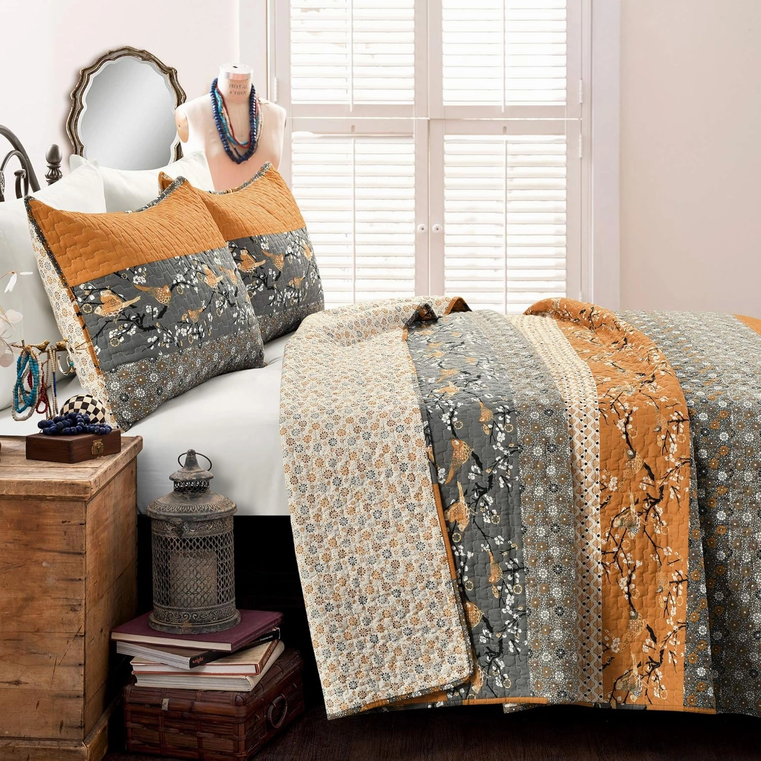 Lush Decor Royal Empire Reversible Cotton Quilt Set - 3 Piece Striped Bedding Set - Bold & Colorful Bohemian Patterns - Soft Cotton Feel - Full/ Queen, Yellow & Gray