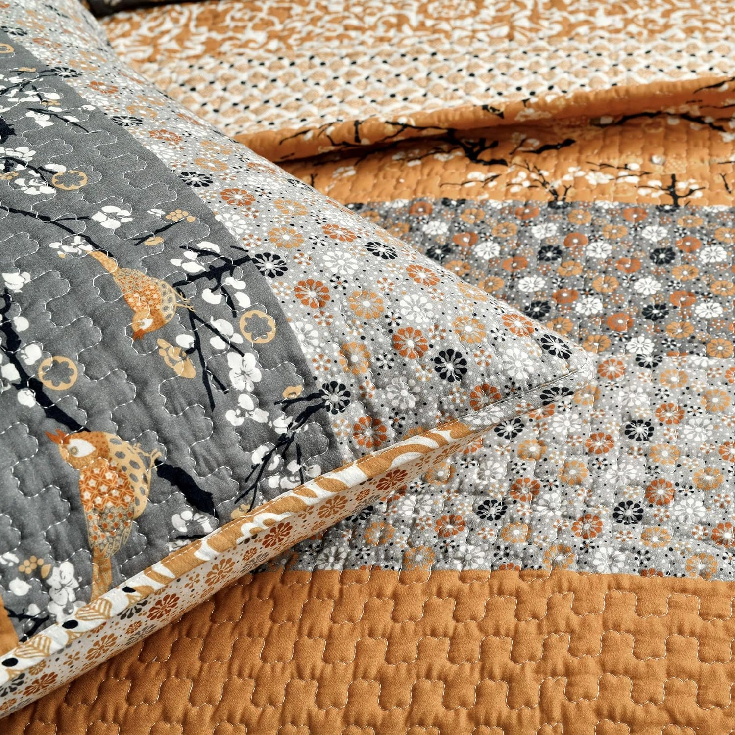 Lush Decor Royal Empire Reversible Cotton Quilt Set - 3 Piece Striped Bedding Set - Bold & Colorful Bohemian Patterns - Soft Cotton Feel - Full/ Queen, Yellow & Gray