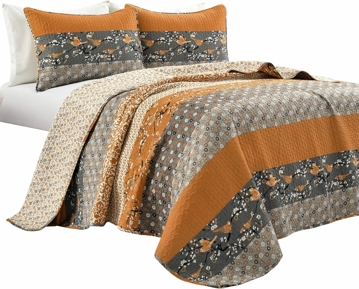 Lush Decor Royal Empire Reversible Cotton Quilt Set - 3 Piece Striped Bedding Set - Bold & Colorful Bohemian Patterns - Soft Cotton Feel - Full/ Queen, Yellow & Gray
