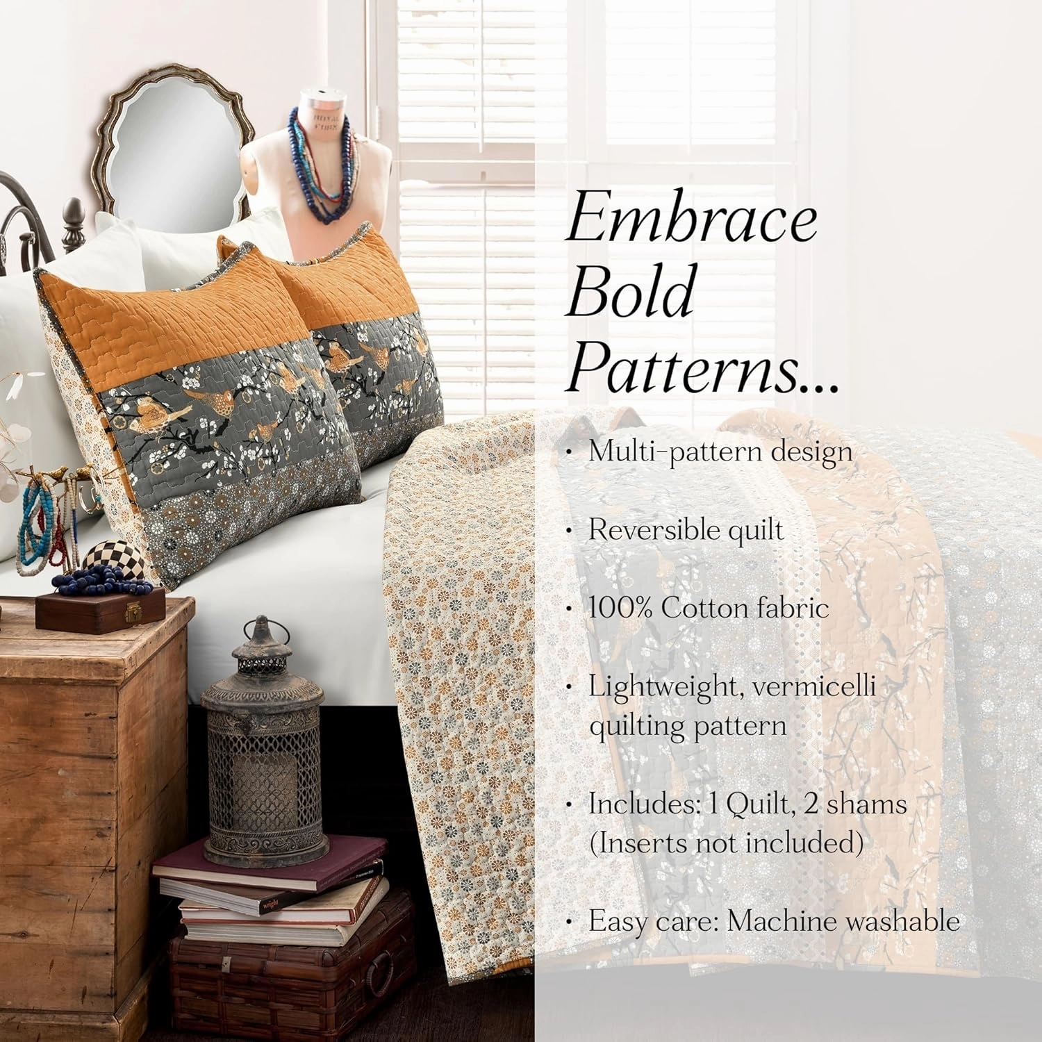 Lush Decor Royal Empire Reversible Cotton Quilt Set - 3 Piece Striped Bedding Set - Bold & Colorful Bohemian Patterns - Soft Cotton Feel - Full/ Queen, Yellow & Gray
