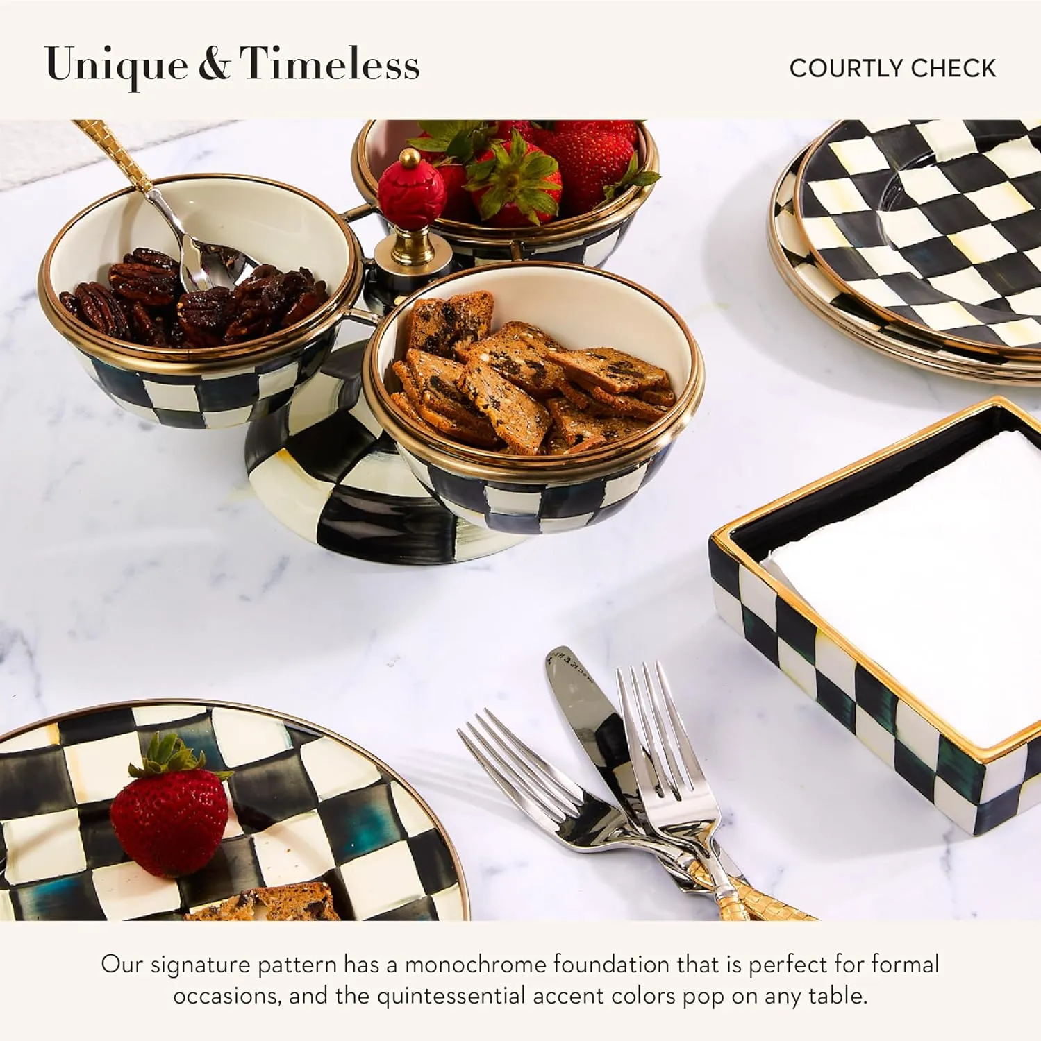 MACKENZIE-CHILDS Ceramic Cocktail-Napkin Holder, Kitchen Napkin Holder for Table and Countertop, Black-and-White Courtly Check