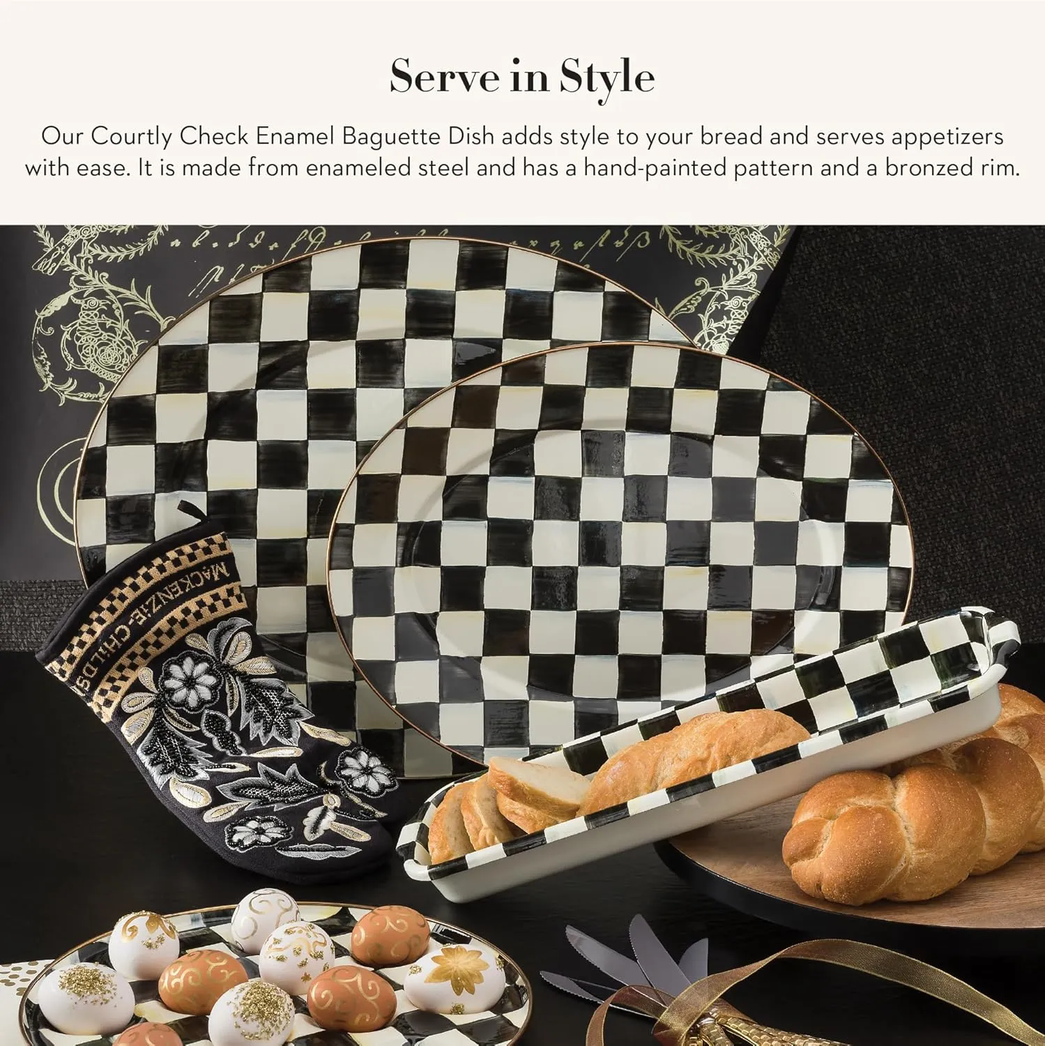 MACKENZIE-CHILDS Enamel Baguette Dish, Serving Dish for Sliced French Baguette Bread, Black-and-White Courtly Check