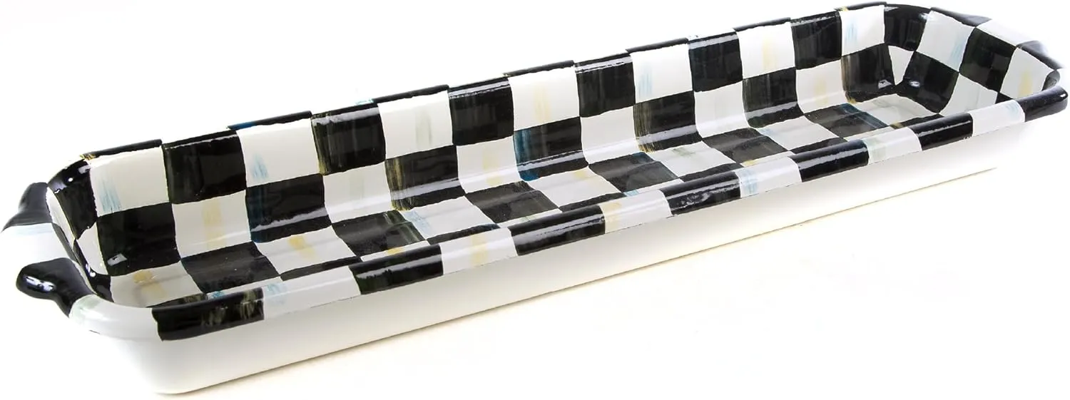 MACKENZIE-CHILDS Enamel Baguette Dish, Serving Dish for Sliced French Baguette Bread, Black-and-White Courtly Check