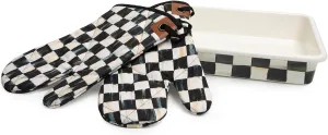 MACKENZIE-CHILDS Enamel Baking Set, 13" x 9" Baking Pan with Oven Mitts, Black-and-White Courtly Check