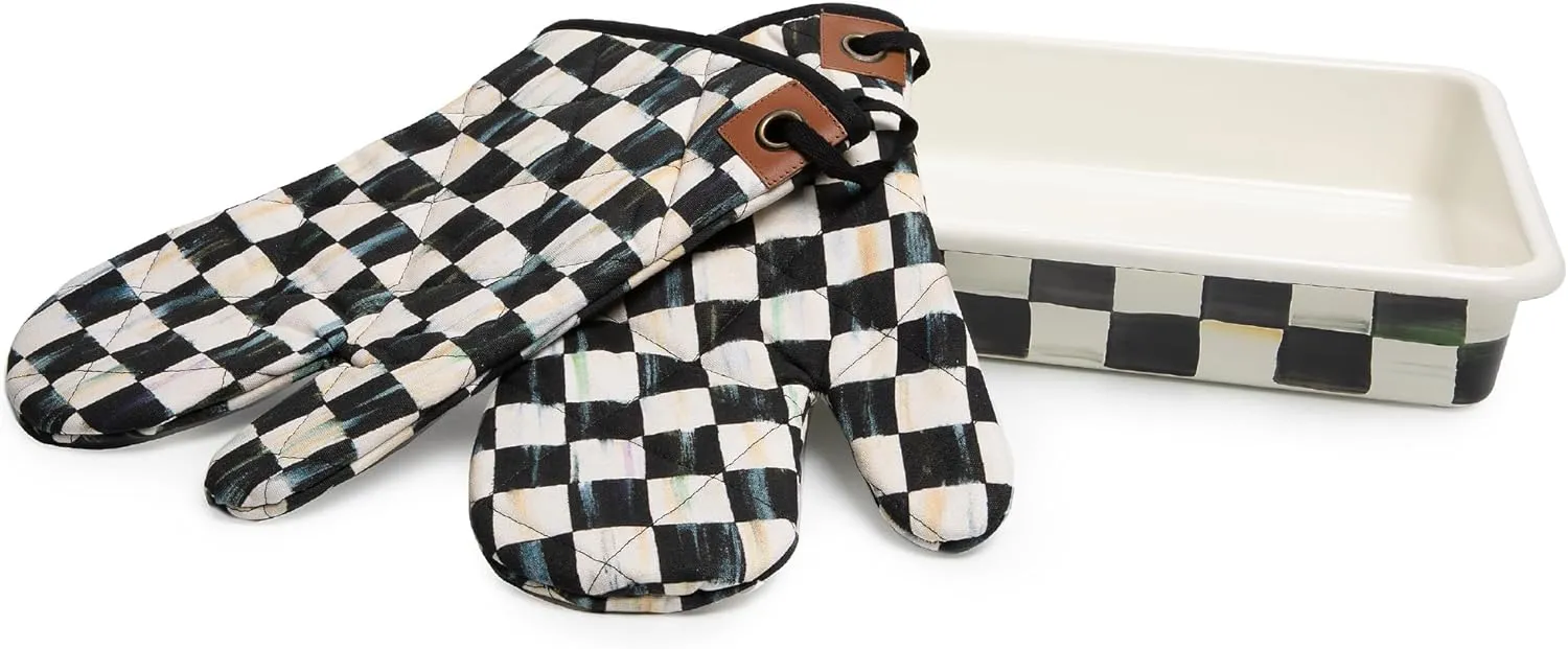 MACKENZIE-CHILDS Enamel Baking Set, 13" x 9" Baking Pan with Oven Mitts, Black-and-White Courtly Check