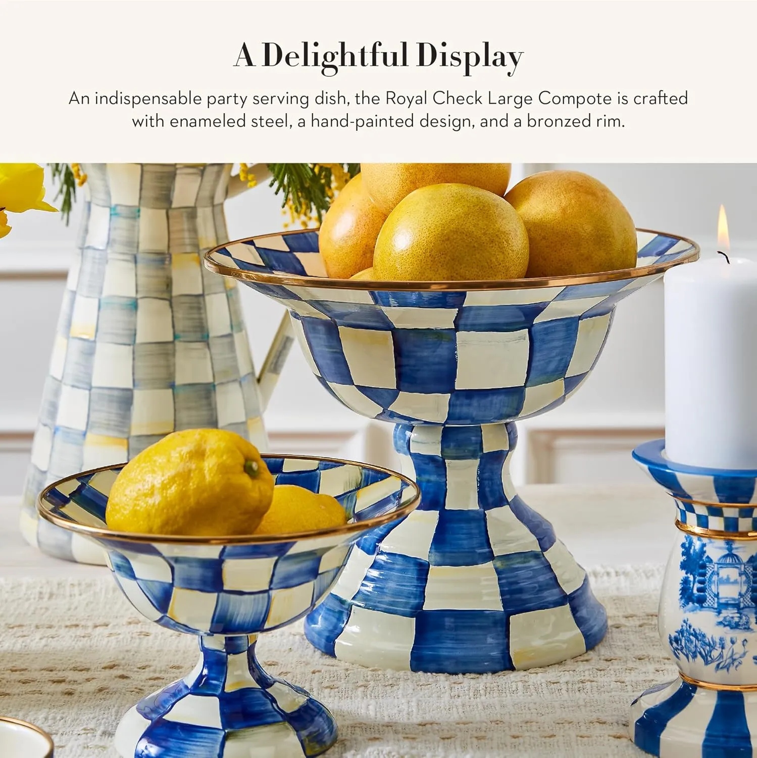 MACKENZIE-CHILDS Enamel Compote, Cute Enamel Pedestal Serving Dish or Decorative Bowl, Large, Blue-and-White Royal Check