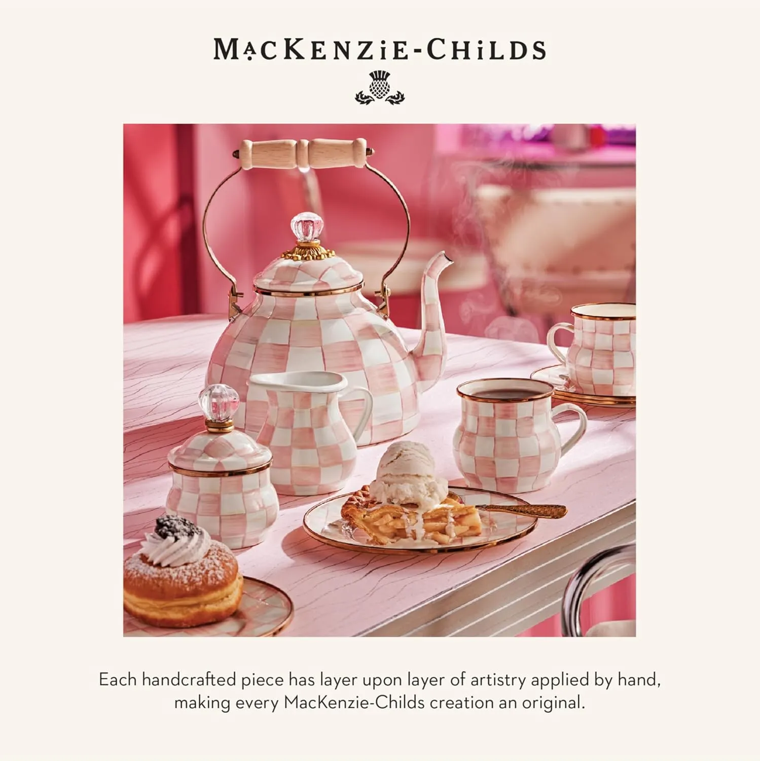MACKENZIE-CHILDS Enamel Compote, Cute Enamel Pedestal Serving Dish or Decorative Bowl, Small, Pink-and-White Rosy Check