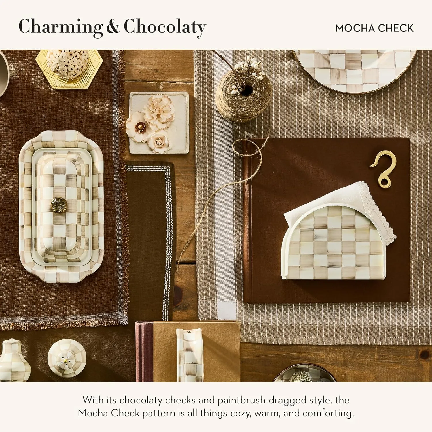 MACKENZIE-CHILDS Enamel Napkin Holder, Kitchen Napkin Holder for Table and Countertop, Brown-and-White Mocha Check