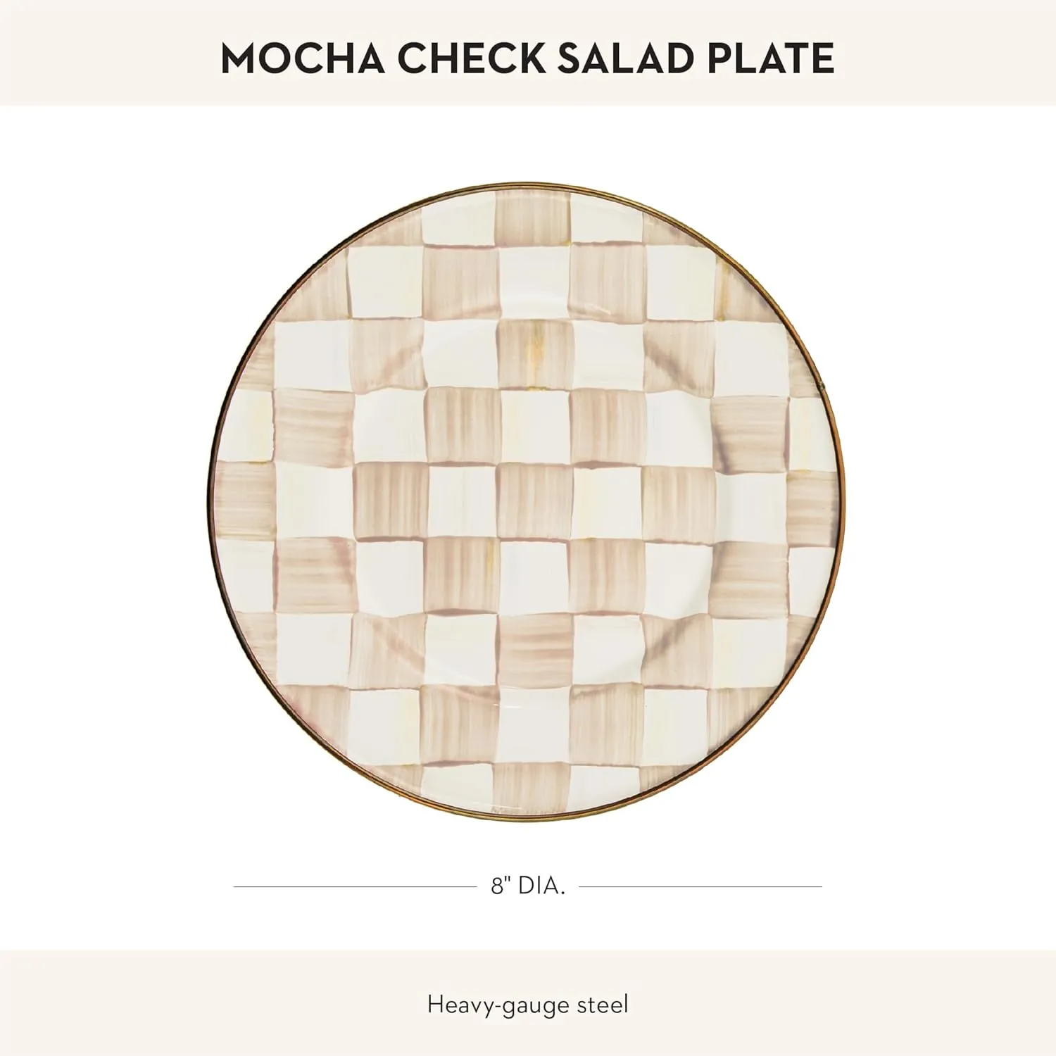 MACKENZIE-CHILDS Enamel Salad and Dessert Plate, Small Plate for a Dessert or Appetizer Dish, 8 Inches, Brown-and-White Mocha Check