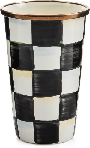MACKENZIE-CHILDS Enamel Tumbler, Open Tumbler Cup, Cute Enamelware Cup, 10 Ounces, Black-and-White Courtly Check