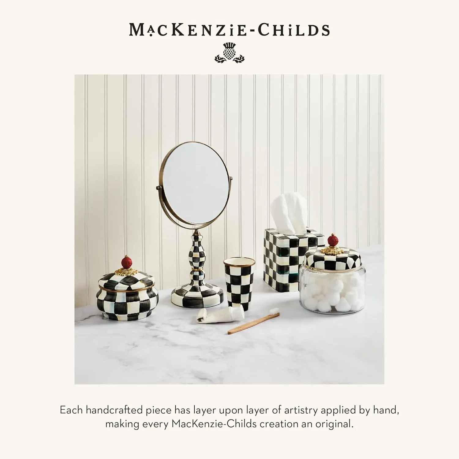 MACKENZIE-CHILDS Enamel Tumbler, Open Tumbler Cup, Cute Enamelware Cup, 10 Ounces, Black-and-White Courtly Check
