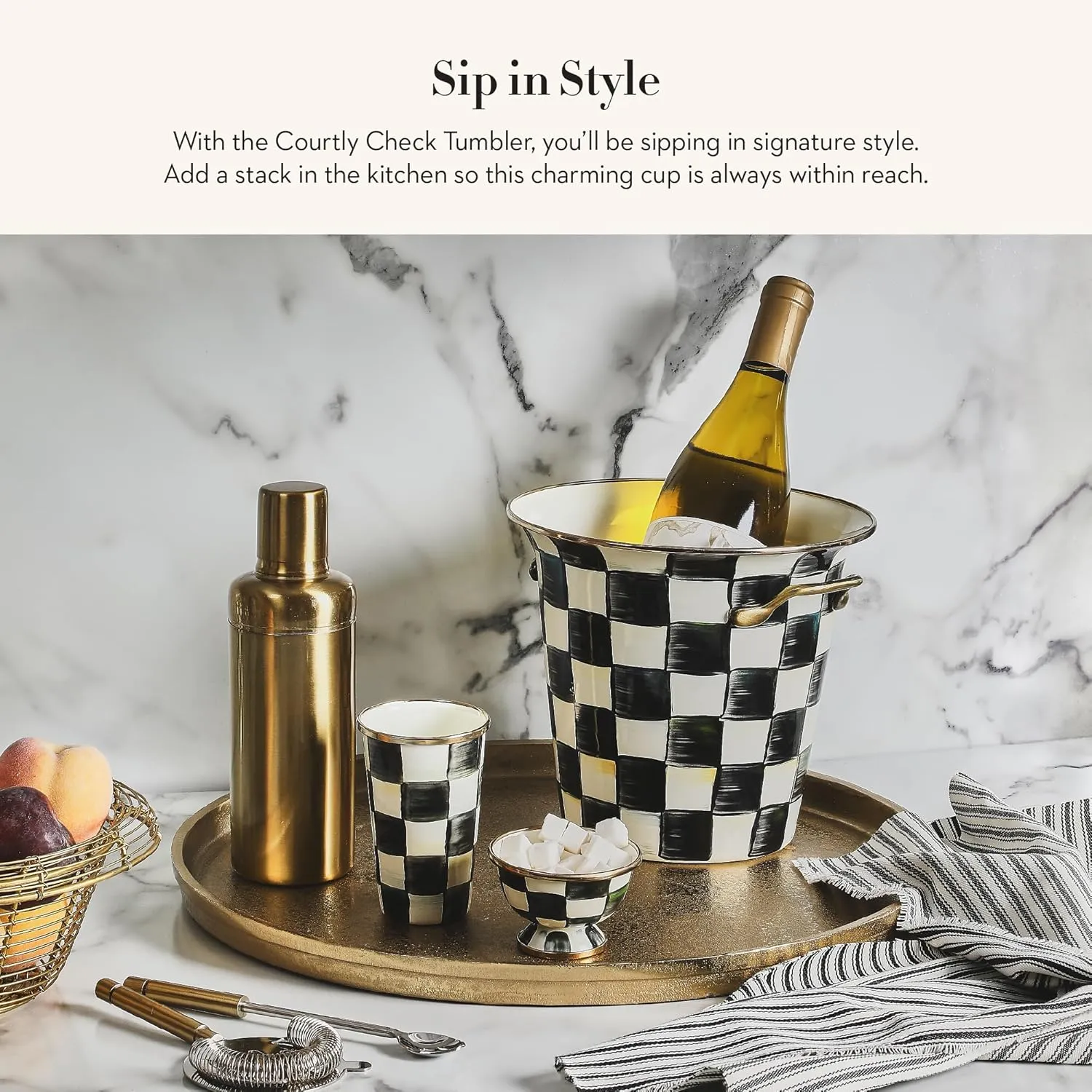 MACKENZIE-CHILDS Enamel Tumbler, Open Tumbler Cup, Cute Enamelware Cup, 10 Ounces, Black-and-White Courtly Check