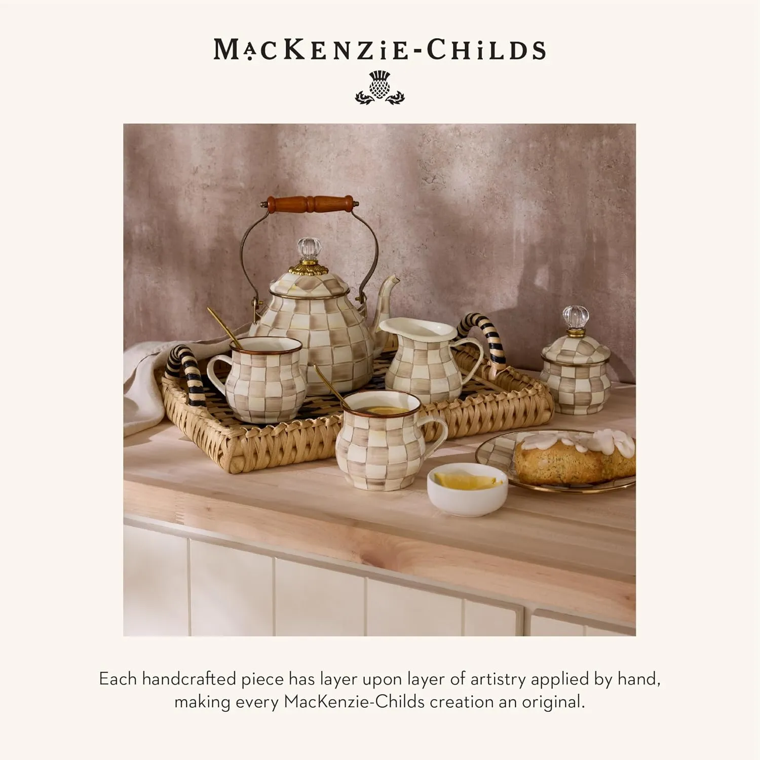 MACKENZIE-CHILDS Small Enamel Canister, Kitchen Storage Container with Lid, Brown-and-White Mocha Check
