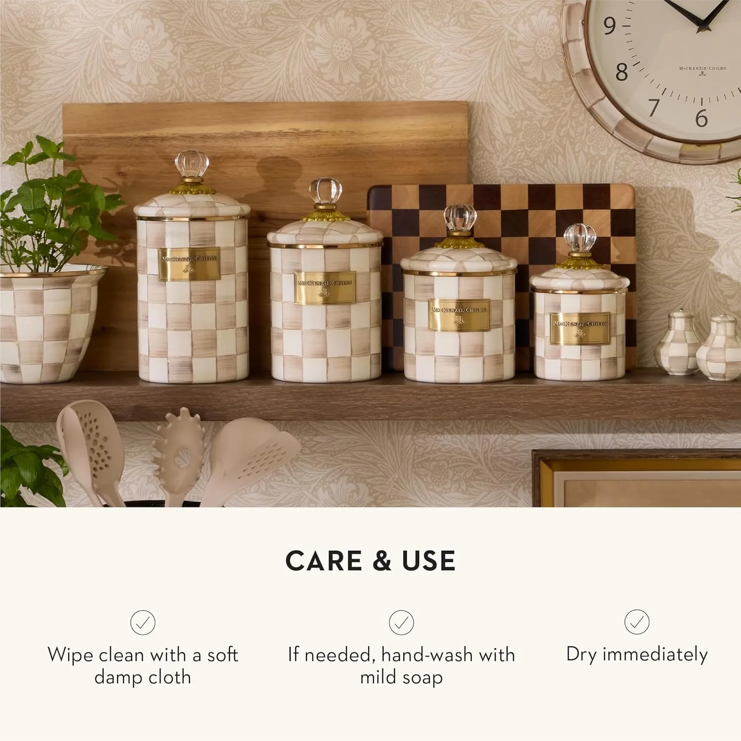 MACKENZIE-CHILDS Small Enamel Canister, Kitchen Storage Container with Lid, Brown-and-White Mocha Check