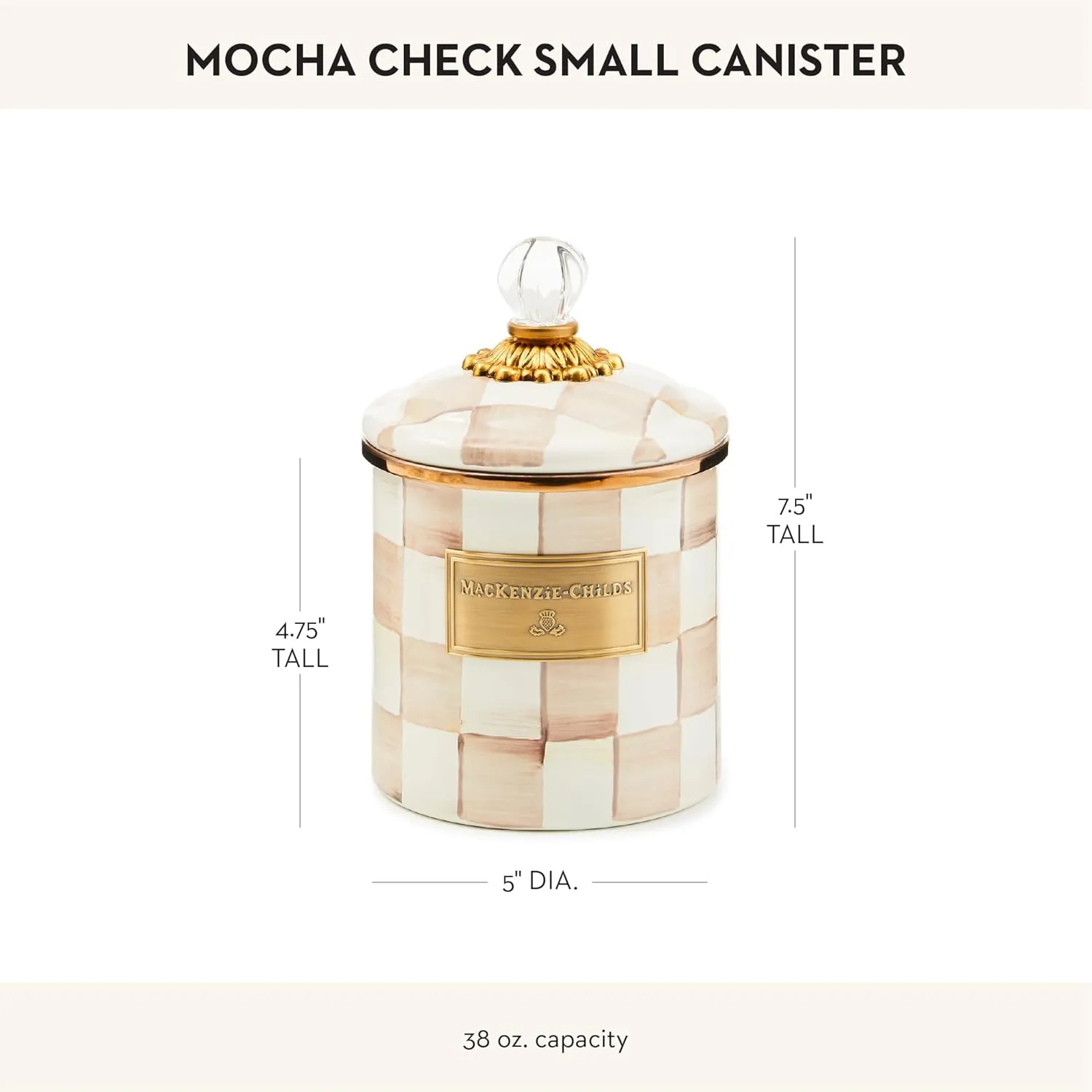 MACKENZIE-CHILDS Small Enamel Canister, Kitchen Storage Container with Lid, Brown-and-White Mocha Check