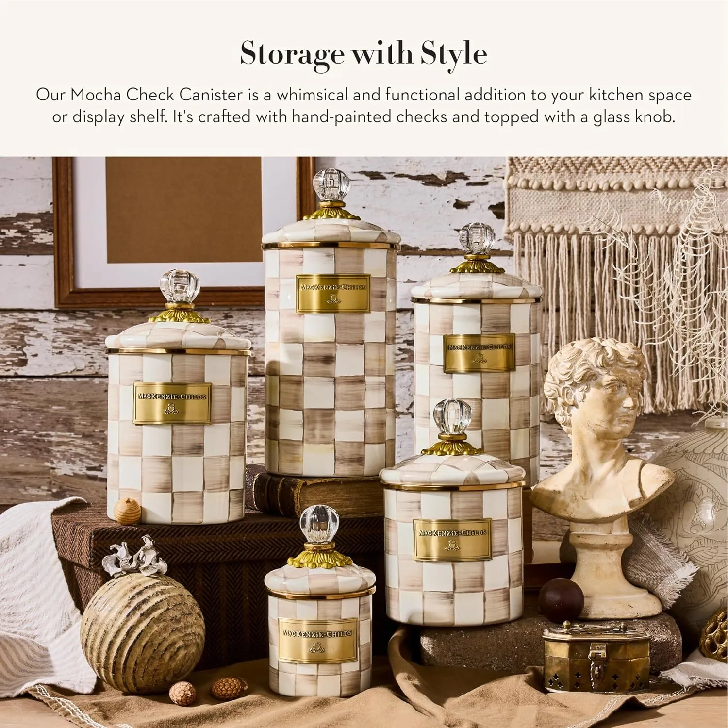 MACKENZIE-CHILDS Small Enamel Canister, Kitchen Storage Container with Lid, Brown-and-White Mocha Check