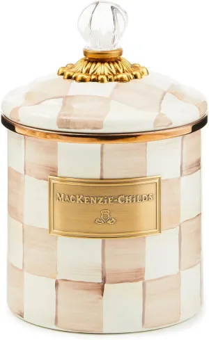 MACKENZIE-CHILDS Small Enamel Canister, Kitchen Storage Container with Lid, Brown-and-White Mocha Check
