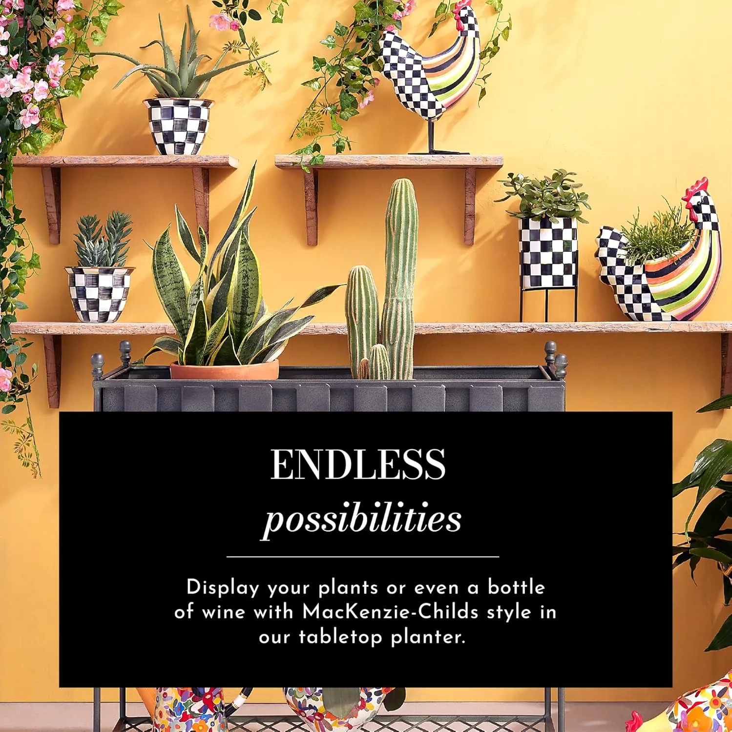 MACKENZIE-CHILDS Tabletop Ceramic Planter with Stand, Decorative Pot for Indoor Plants, Black-and-White Courtly Check
