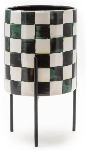 MACKENZIE-CHILDS Tabletop Ceramic Planter with Stand, Decorative Pot for Indoor Plants, Black-and-White Courtly Check
