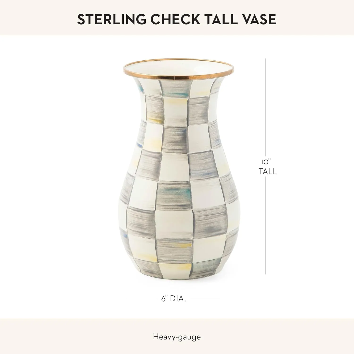 MACKENZIE-CHILDS Tall Enamel Vase, Unique Flower-Vase Decor for Living Room, Gray-and-White Sterling Check